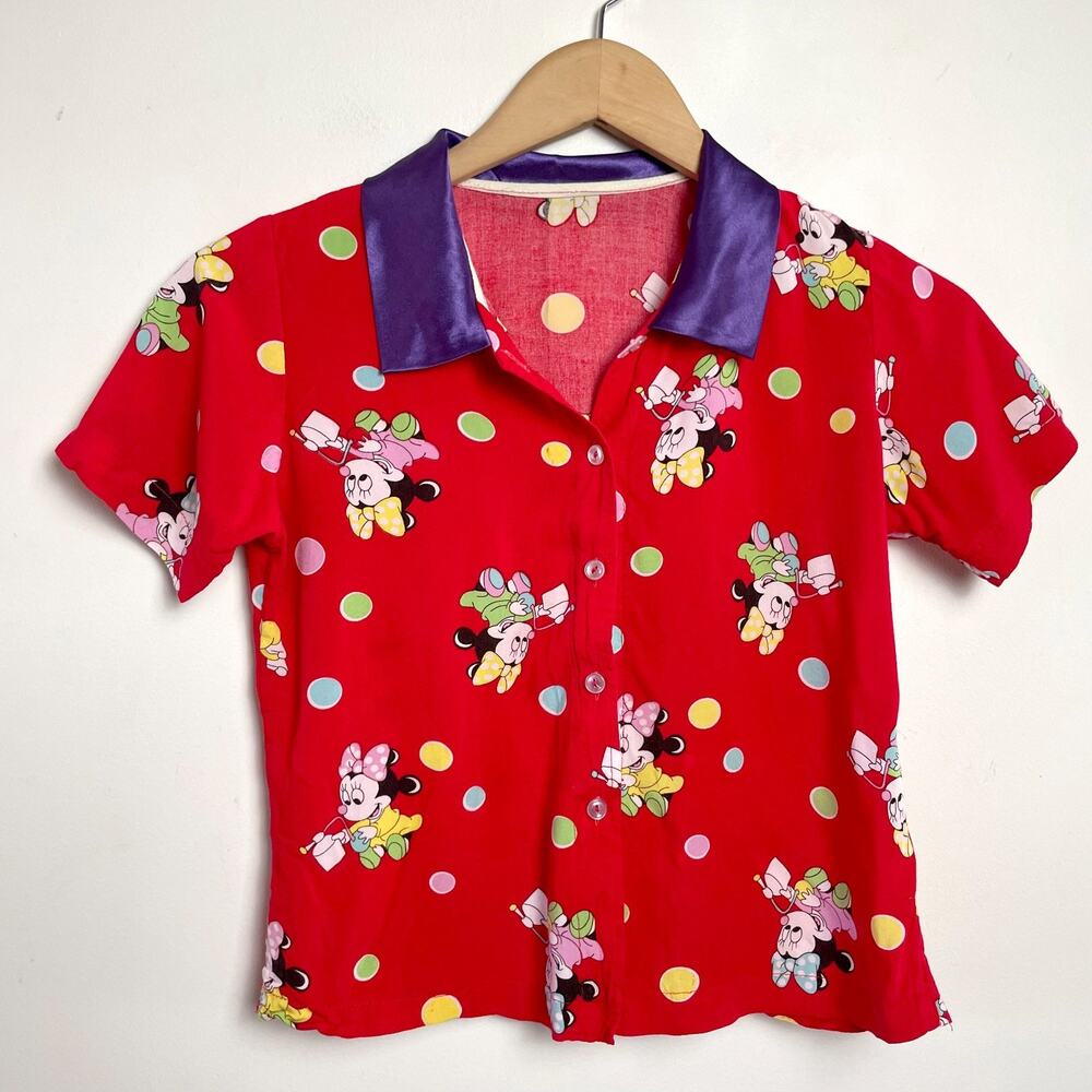 Vintage Y2K 90s Disney Toddler Kids Button Up Top Minnie Mouse Polka‎ Dot Retro